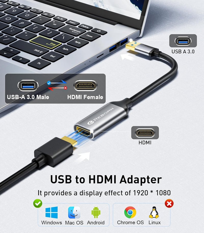 REBORN USB to HDMI Adapter, 1080P@60Hz USB 3.0 Male to HDMI Female Multi-Display Cable Converter Suitable for Macos Windows 7/8/10/11 - Driver Installation is Required - Image 2